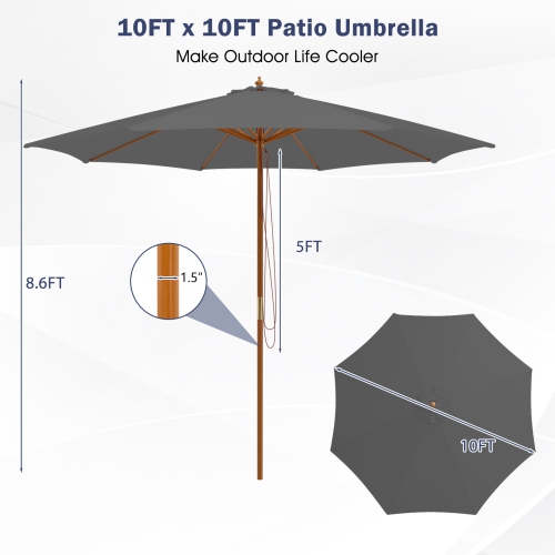 Gymax 10FT Wooden Market Table Umbrella Pulley Sunshade Canopy w/8 Bamboo Ribs