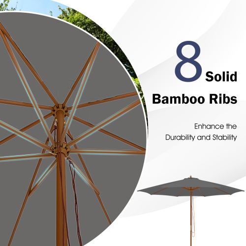 Gymax 10FT Wooden Market Table Umbrella Pulley Sunshade Canopy w/8 Bamboo Ribs