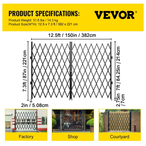 VEVOR 6-1/2' H x 12' W Double Folding Security Gate, Steel Accordion Security Gate, Flexible Expanding Security Gate, 360° Rolling Barricade Gate,