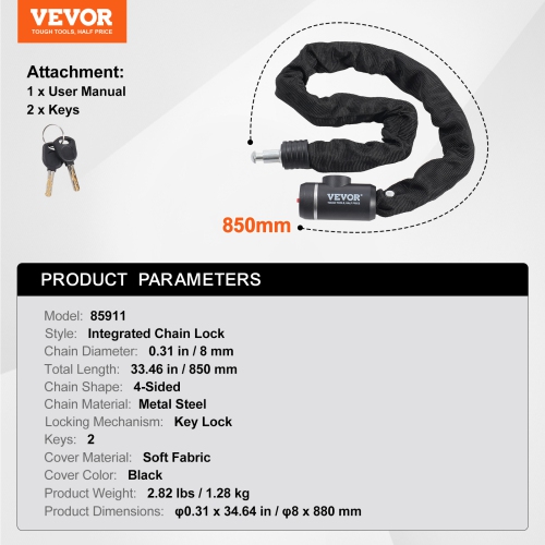 VEVOR 2.79 Ft Bike Chain Lock, Combination Bicycle Chain Lock with 2 Keys, Heavy Duty Anti-Theft High Security Bike Locks, Perfect for Bike,