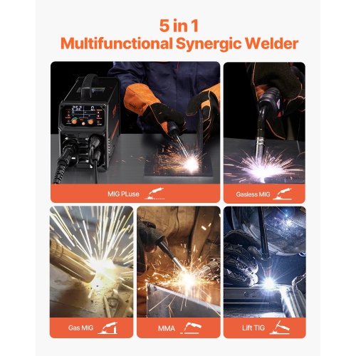 Machine à souder VEVOR 250&nbsp;A Pro MIG, machine à souder synergique 5-en-1 MIG Pluse/Gaz MIG/Flux Core MIG/Stick/Lift TIG, soudeur à mi-tension en