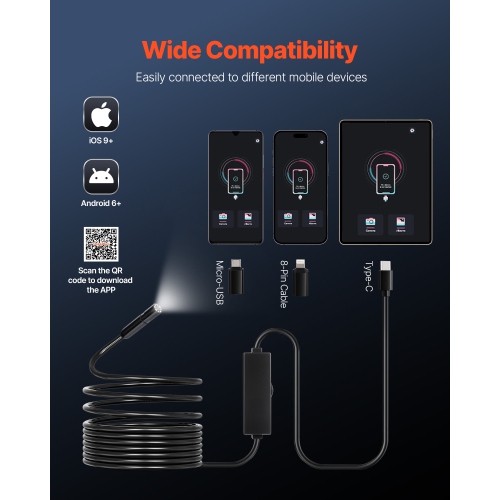 Caméra d'endoscope VEVOR 1920P HD avec lumière, lunette pour Android & iOS, 8 caméras d'inspection LED avec câble semi-rigide de 16,4', zoom 2X,