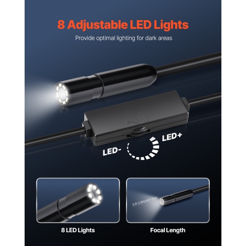 Caméra d'endoscope VEVOR 1920P HD avec lumière, lunette pour Android & iOS, 8 caméras d'inspection LED avec câble semi-rigide de 16,4', zoom 2X,
