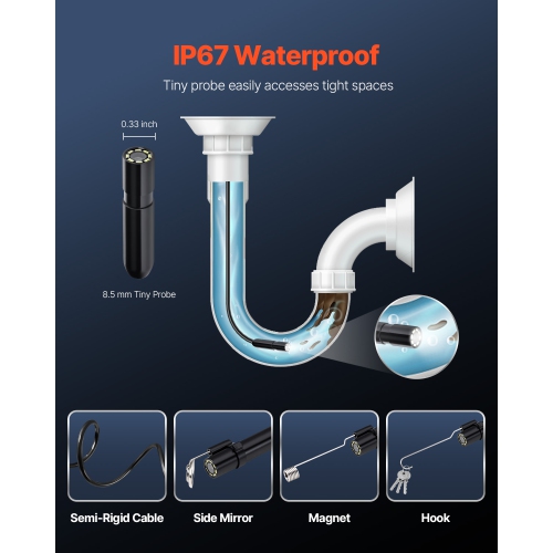 Caméra d'endoscope VEVOR 1920P HD avec lumière, lunette pour Android & iOS, 8 caméras d'inspection LED avec câble semi-rigide de 16,4', zoom 2X,