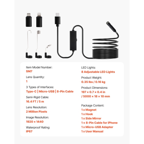 Caméra d'endoscope VEVOR 1920P HD avec lumière, lunette pour Android & iOS, 8 caméras d'inspection LED avec câble semi-rigide de 16,4', zoom 2X,