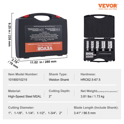 VEVOR 6 pcs Annular Cutter Set, Weldon Shank Mag Drill Bits, 2" Cutting Depth, 1" to 2" Cutting Diameter, M2AL High-Speed Steel, with 2 Pilot Pins