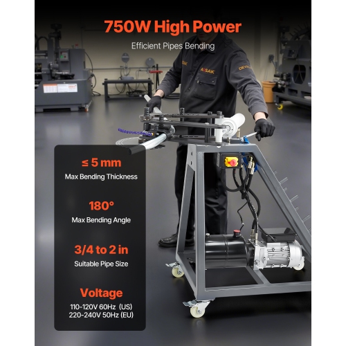 VEVOR 750W Electric Tube Bending Machine, with 6L Hydraulic Cylinder, Movable Pipe Bender Machine with Casters, 3 Dies & 180° Max Bending Angle,