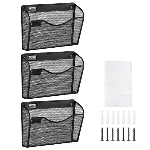 VEVOR  Three-Piece File Wall Rack, 1 Pocket Mesh Wall File Holder, Wall Mounted Magazine Mail Paper & Document Storage Folder, Metal Wall File