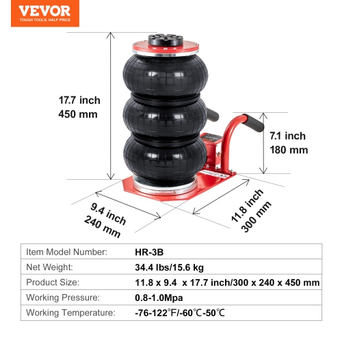 VEVOR 3 Ton/6600 lbs Air Bag Jack, 3 Bag Air Jack, Airbag Jack with Six Steel Pipes, Lift up to 17.7 inch/450 mm, 3-5 s Fast Lifting Pneumatic Jack,