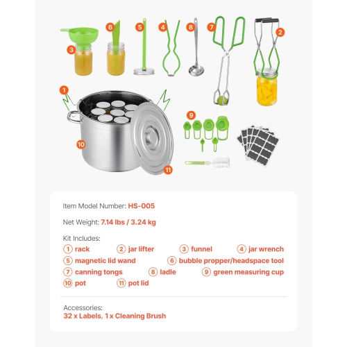 VEVOR 11 Pieces Canning Supplies Starter Kit, Stainless Steel Water Bath Canning Kit, Canning Tools Set: Pot, Rack, Lid, Ladle, Funnel, Tongs, Jar