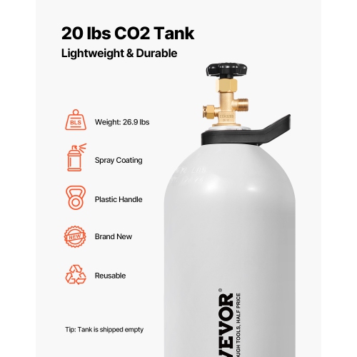 VEVOR CO2 Tank, 20 lbs New Aluminum Alloy Cylinder,CO2 Air Tank with Light Spray Coating,CGA320 Valve,Handle & Purple Copper Siphon, DOT Approved
