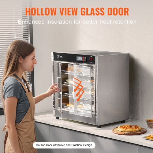 VEVOR 4-Tier Hot Box Food Warmer, Concession Warmer with Water Tray, 4 Pans, Glass Double-door and Adjustable Shelves, Stainless Steel Food Warmer