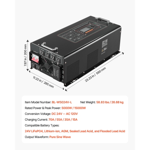 VEVOR 5000 Watt Pure Sine Wave Inverter Charger, DC 24V to AC 120V Power Inverter with LCD Display, Remote Control, for Off-Grid Solar RV Boat,