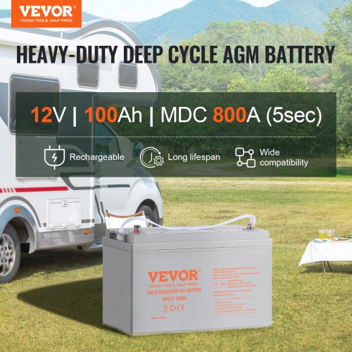 VEVOR 12V 100 AH Deep Cycle Battery, AGM Marine Rechargeable Battery, High Self-Discharge Rate 800A Current, for RV Solar Marine Off-Grid