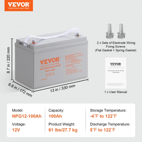 VEVOR 12V 100 AH Deep Cycle Battery, AGM Marine Rechargeable Battery, High Self-Discharge Rate 800A Current, for RV Solar Marine Off-Grid