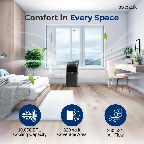 SereneLife Portable AC 10000 BTU, 3-in-1 Cooling, Dehumidifier And Fan Modes, Compact Standing Air Conditioner, Energy Efficient 320 Sq. Ft. Climate
