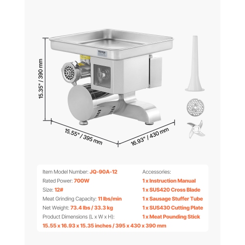 VEVOR 11 Lbs/Min Meat Grinder, Electric Meat Grinder, Slicer, Sausage Stuffer with Blade, Grinding Plate, Sausage Maker, Stainless Steel Commercial