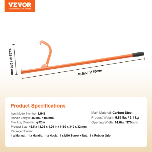 VEVOR 46.5 in Cant Hook Tool, Heavy Duty Steel Log Roller, Log Lifter Timber Jack 32" Dia Logs, Forestry Logging Tools, Dual Function Log Handler for