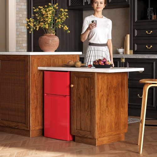 HOMCOM Mini Fridge with Freezer, 3.2 Cu. Ft. Compact Refrigerator with Adjustable Shelves, Mechanical Thermostat, Reversible Double Doors for