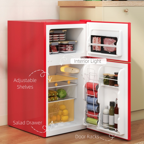HOMCOM Mini Fridge with Freezer, 3.2 Cu. Ft. Compact Refrigerator with Adjustable Shelves, Mechanical Thermostat, Reversible Double Doors for