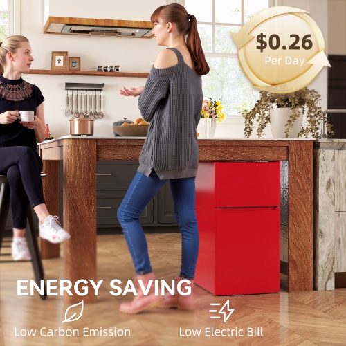 HOMCOM Mini Fridge with Freezer, 3.2 Cu. Ft. Compact Refrigerator with Adjustable Shelves, Mechanical Thermostat, Reversible Double Doors for