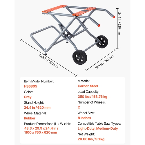 VEVOR 350 lbs Load Capacity, Portable Table Saw Stand, Rolling Foldable Table Saw Table with 8 Inches Rubber Wheels, Heavy Duty Construction, Easy