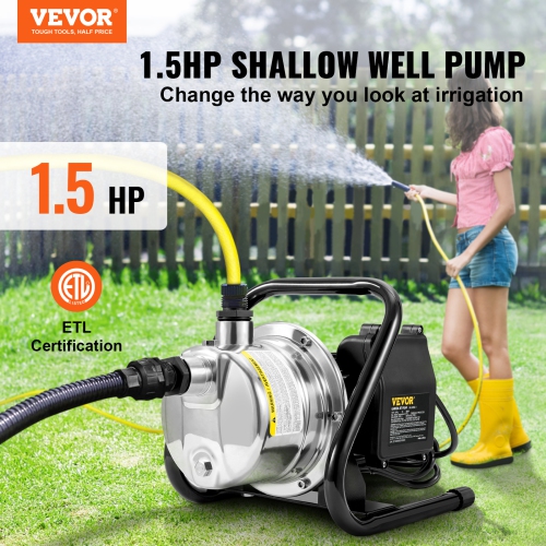 VEVOR 1.5 HP 115V Shallow Well Pump,1200 GPH 164 ft Height,87 psi Max Pressure,Portable Stainless Steel Sprinkler Booster Jet Pumps for Garden Lawn
