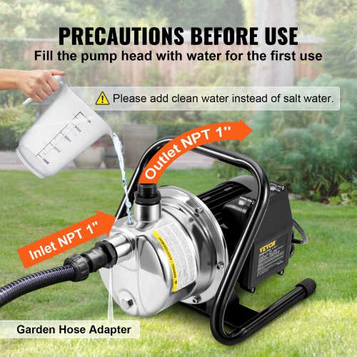 VEVOR 1.5 HP 115V Shallow Well Pump,1200 GPH 164 ft Height,87 psi Max Pressure,Portable Stainless Steel Sprinkler Booster Jet Pumps for Garden Lawn