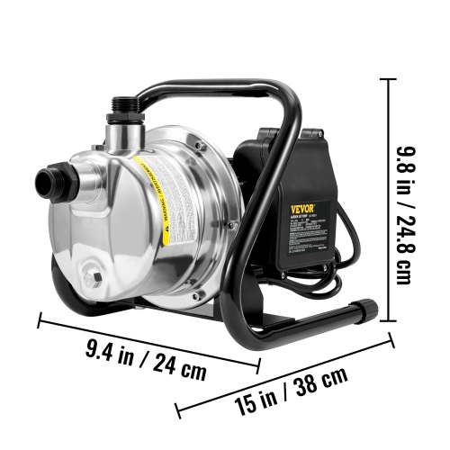 VEVOR 1.5 HP 115V Shallow Well Pump,1200 GPH 164 ft Height,87 psi Max Pressure,Portable Stainless Steel Sprinkler Booster Jet Pumps for Garden Lawn