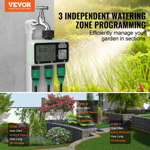 VEVOR 3 Outlets Water Timer, Hose Watering Sprinkler Timer, with 3 Independent Watering Zone LCD Display Rain Delay Mode Manual Mode 360° Brass Inlet