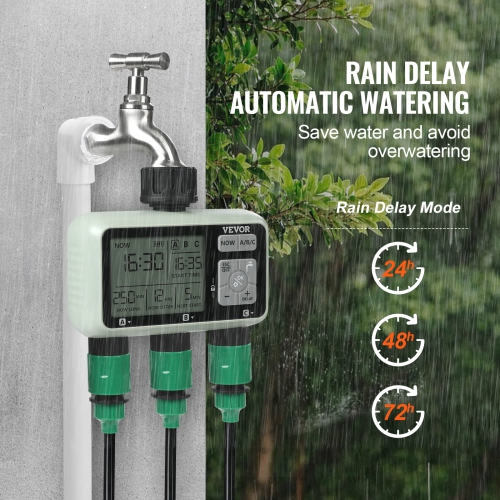 VEVOR 3 Outlets Water Timer, Hose Watering Sprinkler Timer, with 3 Independent Watering Zone LCD Display Rain Delay Mode Manual Mode 360° Brass Inlet
