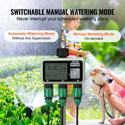 VEVOR 3 Outlets Water Timer, Hose Watering Sprinkler Timer, with 3 Independent Watering Zone LCD Display Rain Delay Mode Manual Mode 360° Brass Inlet