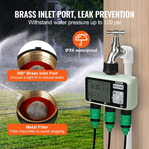 VEVOR 3 Outlets Water Timer, Hose Watering Sprinkler Timer, with 3 Independent Watering Zone LCD Display Rain Delay Mode Manual Mode 360° Brass Inlet