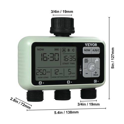 VEVOR 3 Outlets Water Timer, Hose Watering Sprinkler Timer, with 3 Independent Watering Zone LCD Display Rain Delay Mode Manual Mode 360° Brass Inlet