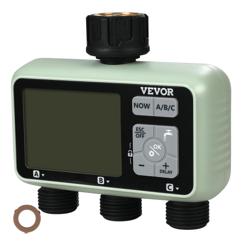 VEVOR 3 Outlets Water Timer, Hose Watering Sprinkler Timer, with 3 Independent Watering Zone LCD Display Rain Delay Mode Manual Mode 360° Brass Inlet