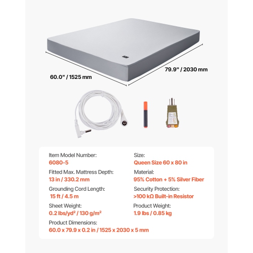 VEVOR 60 x 80 x 13 in Grounding Sheets, Queen Size, 95% Cotton + 5% Pure Silver Fiber, Earth Grounded Fitted Bed Sheets, with Grounding Cord & Tester