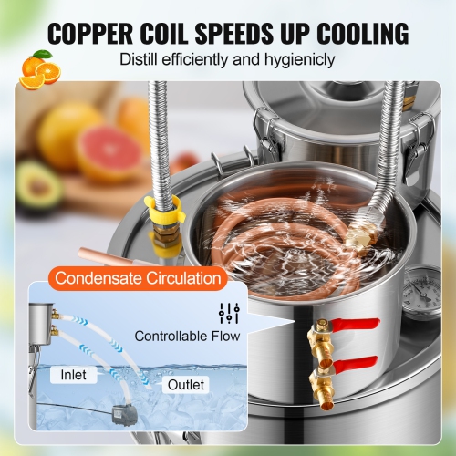 VEVOR 3 Gal / 11.4 L Alcohol Still, Stainless Steel Water Alcohol Distiller with Copper Coil for Fast Cooling, Dual Condenser Distiller Kit with