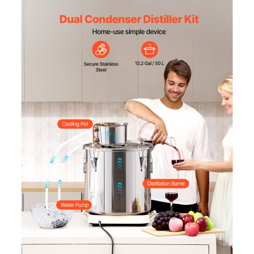 VEVOR 13.2 Gal / 50 L Alcohol Still, Stainless Steel Water Alcohol Distiller with Copper Coil, Home Brewing Refining Fermentation Kit with