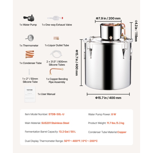 VEVOR 13.2 Gal / 50 L Alcohol Still, Stainless Steel Water Alcohol Distiller with Copper Coil, Home Brewing Refining Fermentation Kit with