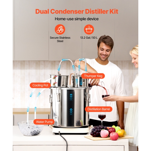VEVOR 13.2 Gal / 50 L Alcohol Still, Stainless Steel Water Alcohol Distiller with Copper Coil for Fast Cooling, Dual Condenser Distiller Kit with