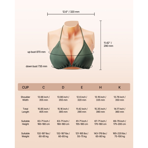 VEVOR Silicone Breastplate, E-Cup High Neckline Fake Breasts for Crossdressers, Realistic Silicone-Filled Fake Boobs Breast Forms for Transgender