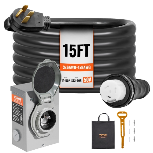 VEVOR  50 Amp Generator Cord And Power Inlet Box Kit, 15Ft, Nema 14-50P/ss2-50R Stw 6/3+8/1 Awg Generator Power Cord w Twist Lock Connector, For