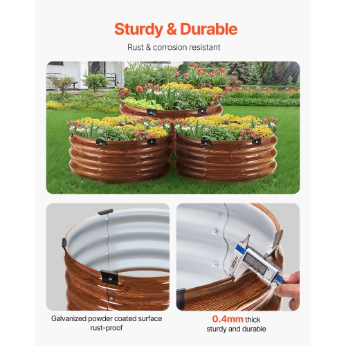 VEVOR 2 x 1 ft 3Pcs Metal Raised Garden Bed, Outdoor Galvanized Planter Box, Open Bottom, Large Round Planter Raised Bed for Gardening Vegetables,