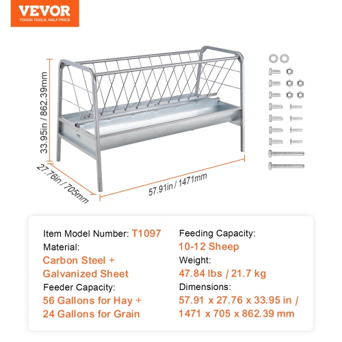VEVOR 2 in 1 Livestock Hay Feeder, Grain & Hay Feeder, 80-Gallon Capacity, 59" Long Hay Feeder with Deeper Feeding Pan, Heavy Duty Steel Grain & Hay