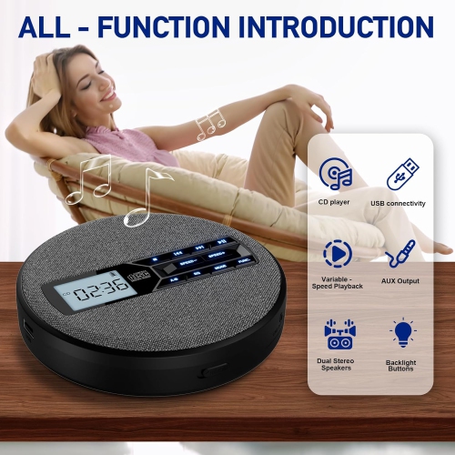 Portable CD Player,Rechargeable CD Player with Dual Speakers and Anti Skip,CD,USB,AUX,LCD Display,CD Player for Home Car