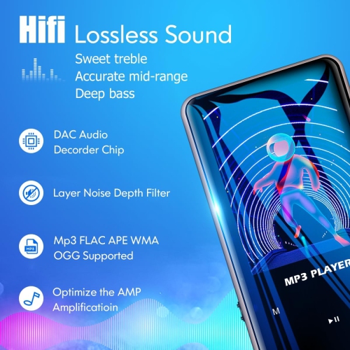 Lecteur MP3 64&nbsp;Go avec Bluetooth, lecteur de musique numérique portatif sans perte avec enregistreur radio FM, lecteur MP3/MP4 à pince pour les