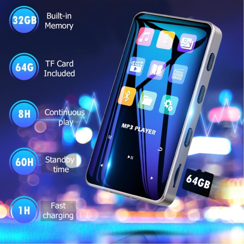 Lecteur MP3 64&nbsp;Go avec Bluetooth, lecteur de musique numérique portatif sans perte avec enregistreur radio FM, lecteur MP3/MP4 à pince pour les
