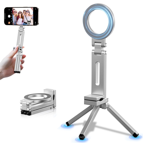 Portable Foldable Desktop Phone Holder, Mini Magnetic Tripod Compatible with iPhone MagSafe, Ideal for Travel and Live Streaming