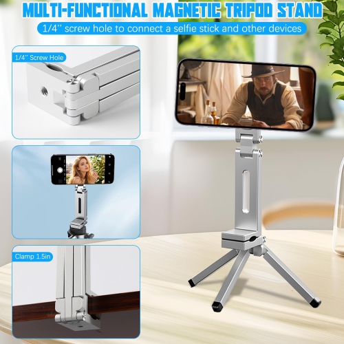 Portable Foldable Desktop Phone Holder, Mini Magnetic Tripod Compatible with iPhone MagSafe, Ideal for Travel and Live Streaming