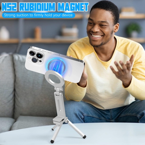 Portable Foldable Desktop Phone Holder, Mini Magnetic Tripod Compatible with iPhone MagSafe, Ideal for Travel and Live Streaming